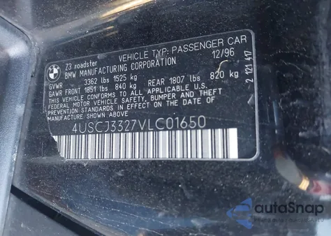 1997 BMW Z3 2.8L Roadster z USA, uszkodzony, nr VIN 4USCJ3327VLC01650